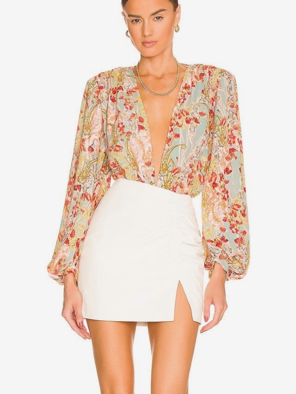 Bronx and Banco Luisa Floral Plunging V-Neck Bodysuit in Pastel Multi